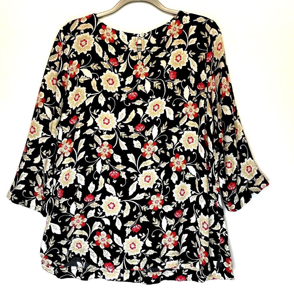 J Jill Top Size Large Tunic 3/4 Sleeve Floral Black 100% Viscose - Picture 3 of 5